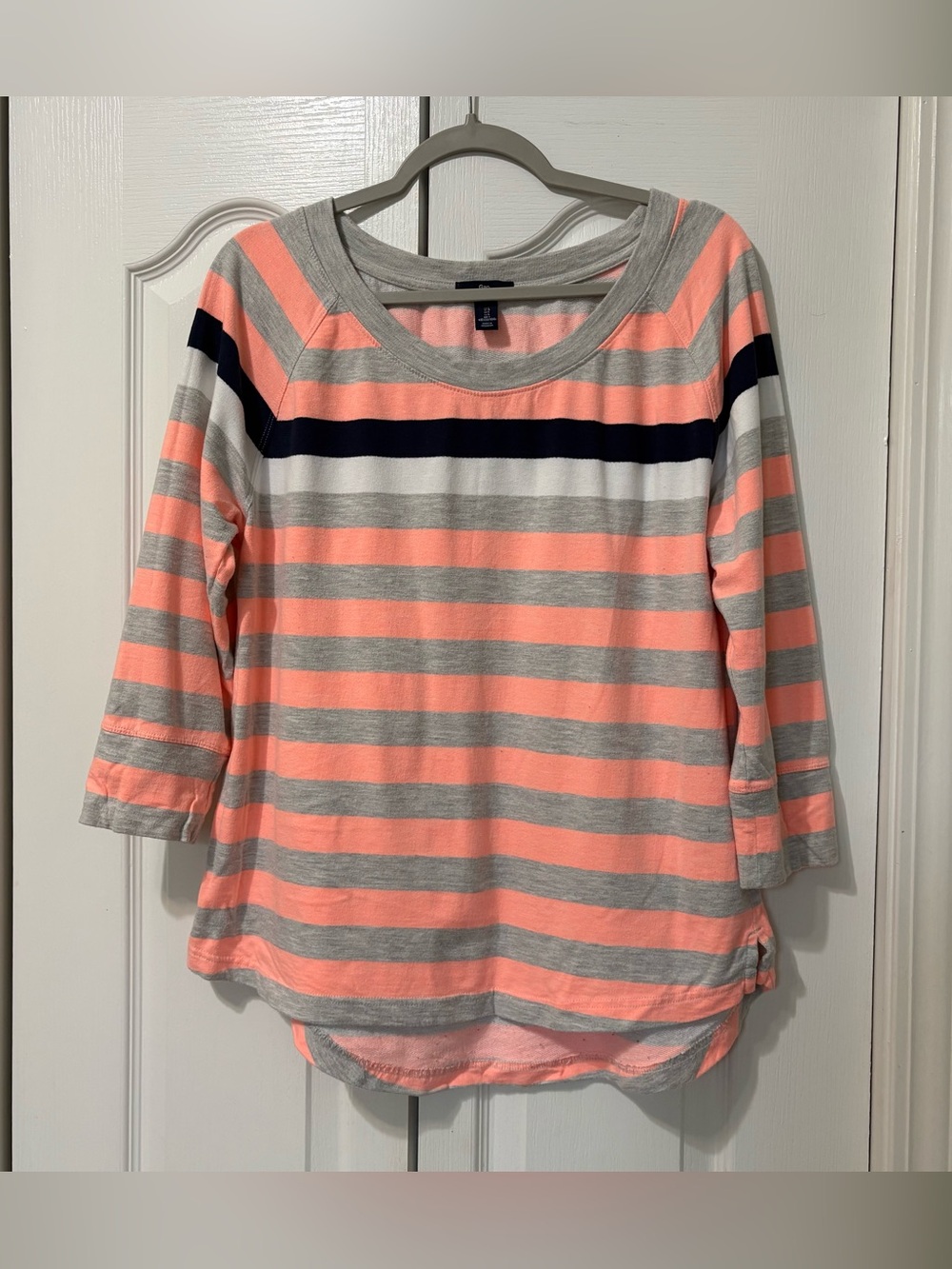 Gap Gray Orange Navy Striped Knit Scoop Neck 3/4 Sleeve Pullover Top Women’s L
